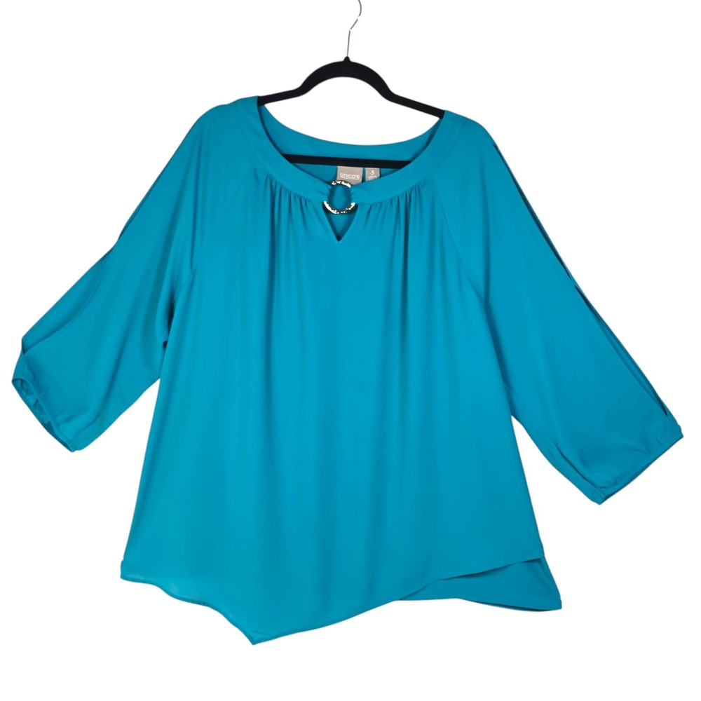Chicos Teal Blue Ring Neck Asymmetrical Hem Blouse 3/4 Split Sleeve Woman XL (3)